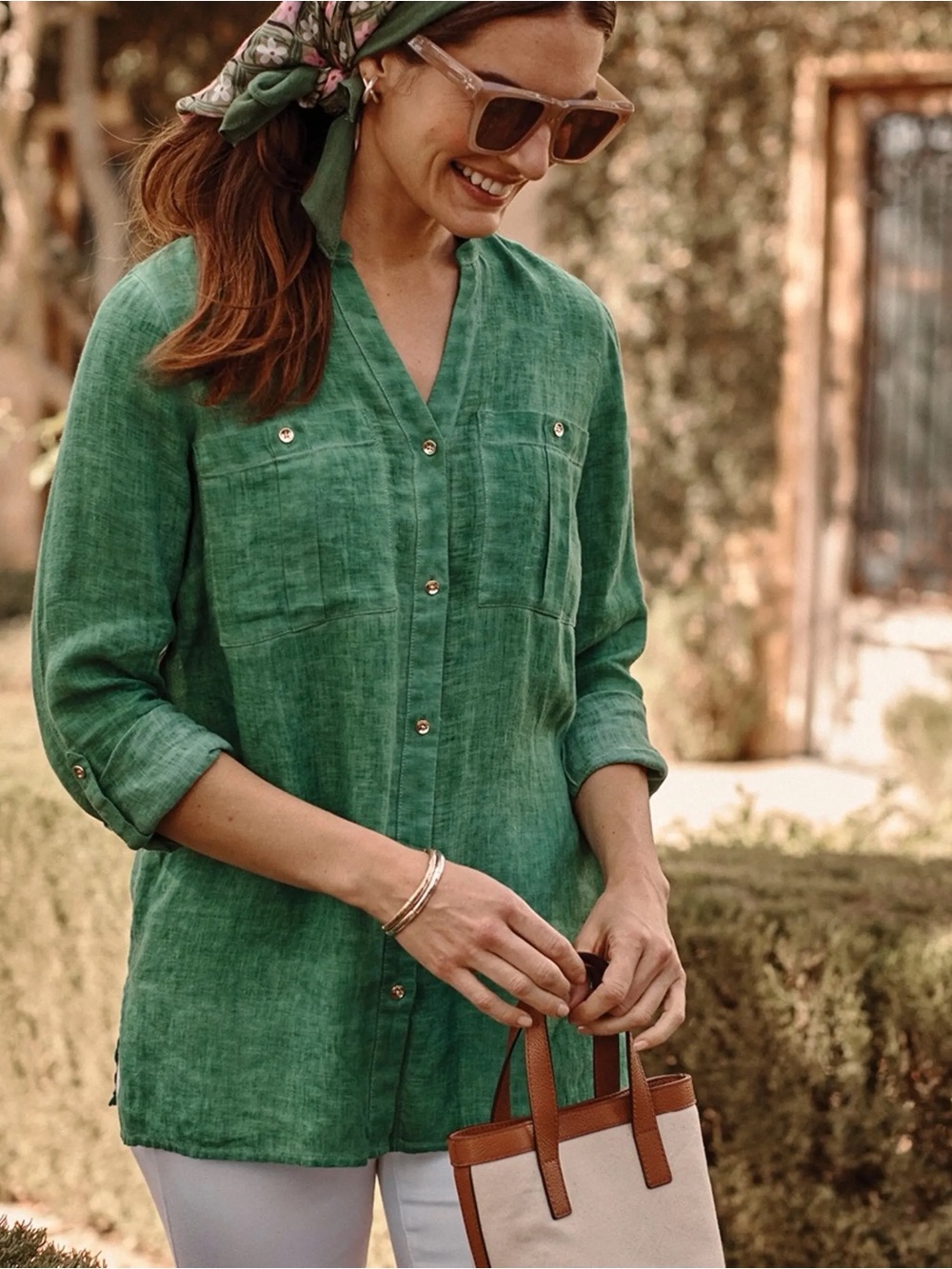 J. Jill 100% Linen Emerald Green Gold Button-Front Roll Tab Sleeve Spring Tunic